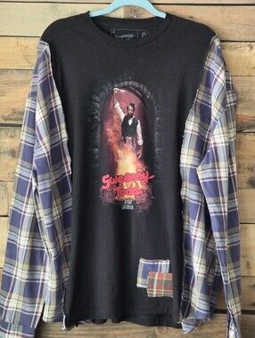 Upcycled Sweeney Todd Black Graphic Flannel-Sleeve  Shirt